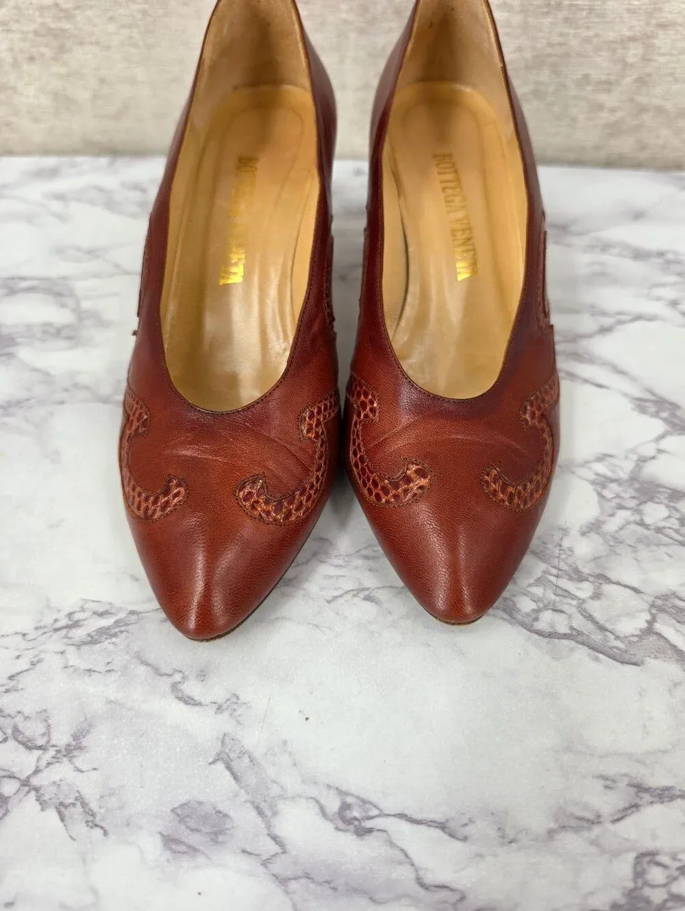 Bottega Veneta Vintage Leather Pumps Heels with Lizard Inset Design